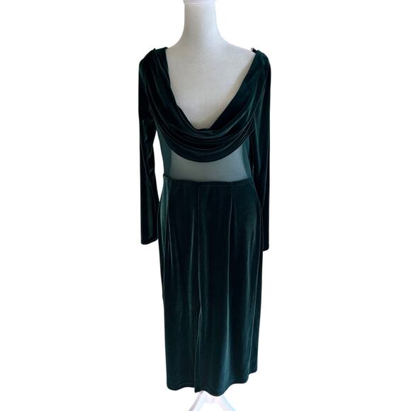 Jessica McClintock Dress Midi Green Velvet SZ12 Sheer Cowl Neck Holiday Party - Picture 1 of 10